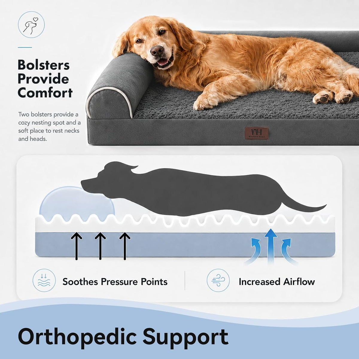 WESTERN HOME Orthopedic Dog Bed Washable Couch for Large Senior Dog - Dark Drey / 36" x 27" x 6.5" - image 3