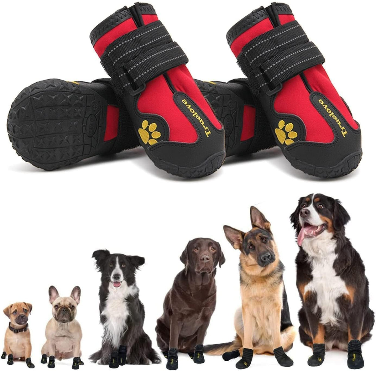 Set of 4 red anti-slip dog shoes with rubber soles and adjustable straps