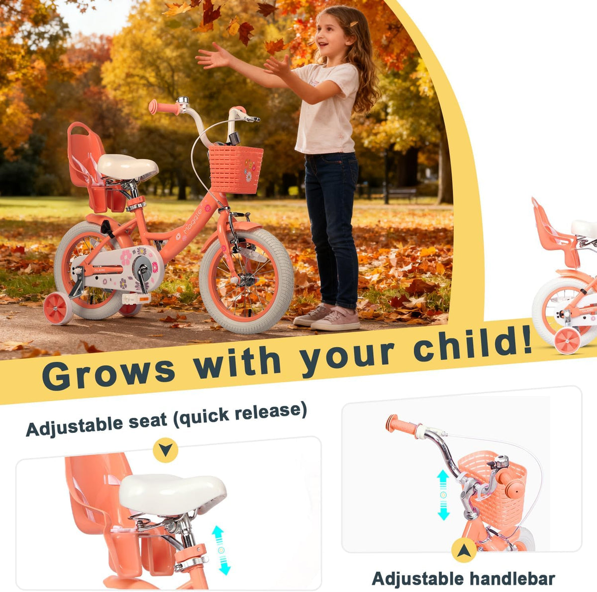 Glerc Maggie Girls Bike, 12-20 Inch Kids Bike for 2-13 Years Old Children, Princess Style Kids - Peach / 14 Inch - image 4