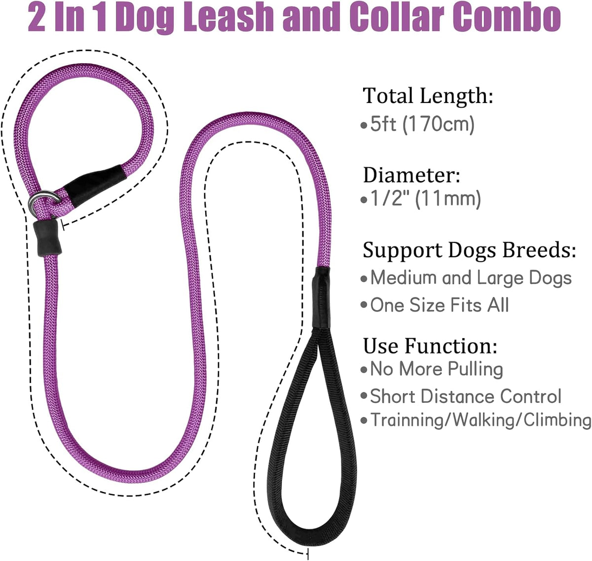 Strong Slip Rope Dog Training Leash - 1/2" x 5ft / Purple - image 4