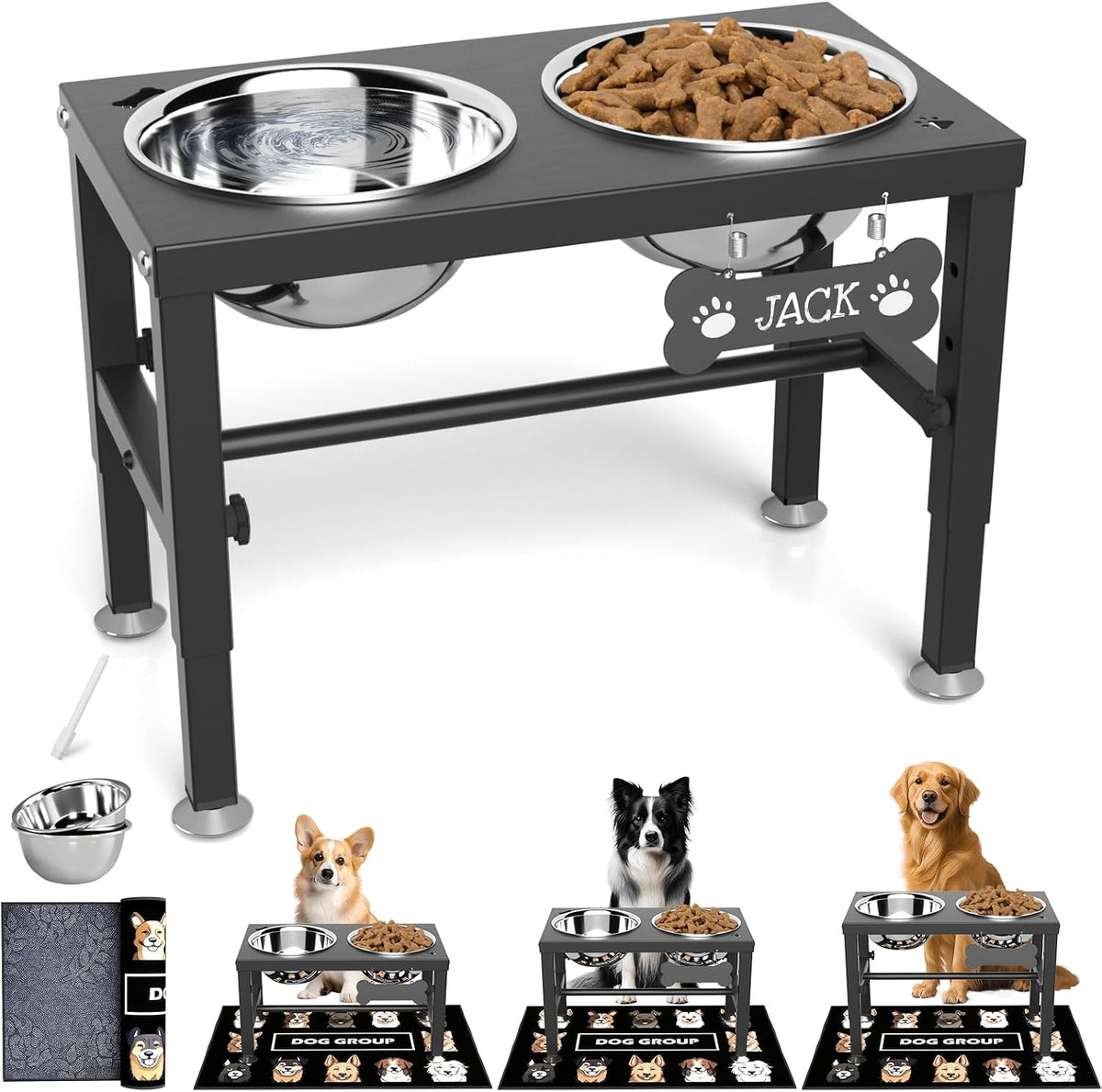 SHAINFUN Elevated Dog Bowls with Slow Feeder & Mat for Medium - Black-1.7L