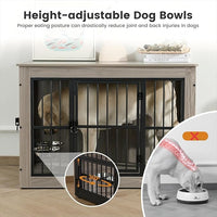 Gardner Pet Dog Crate Furniture for Medium Dogs, 32.7 Inch Dog Kennel Indoor, Wooden Dog Cage End Table with 2 Removable Bowls, Heavy Duty Dog Crate, Rustic Grey