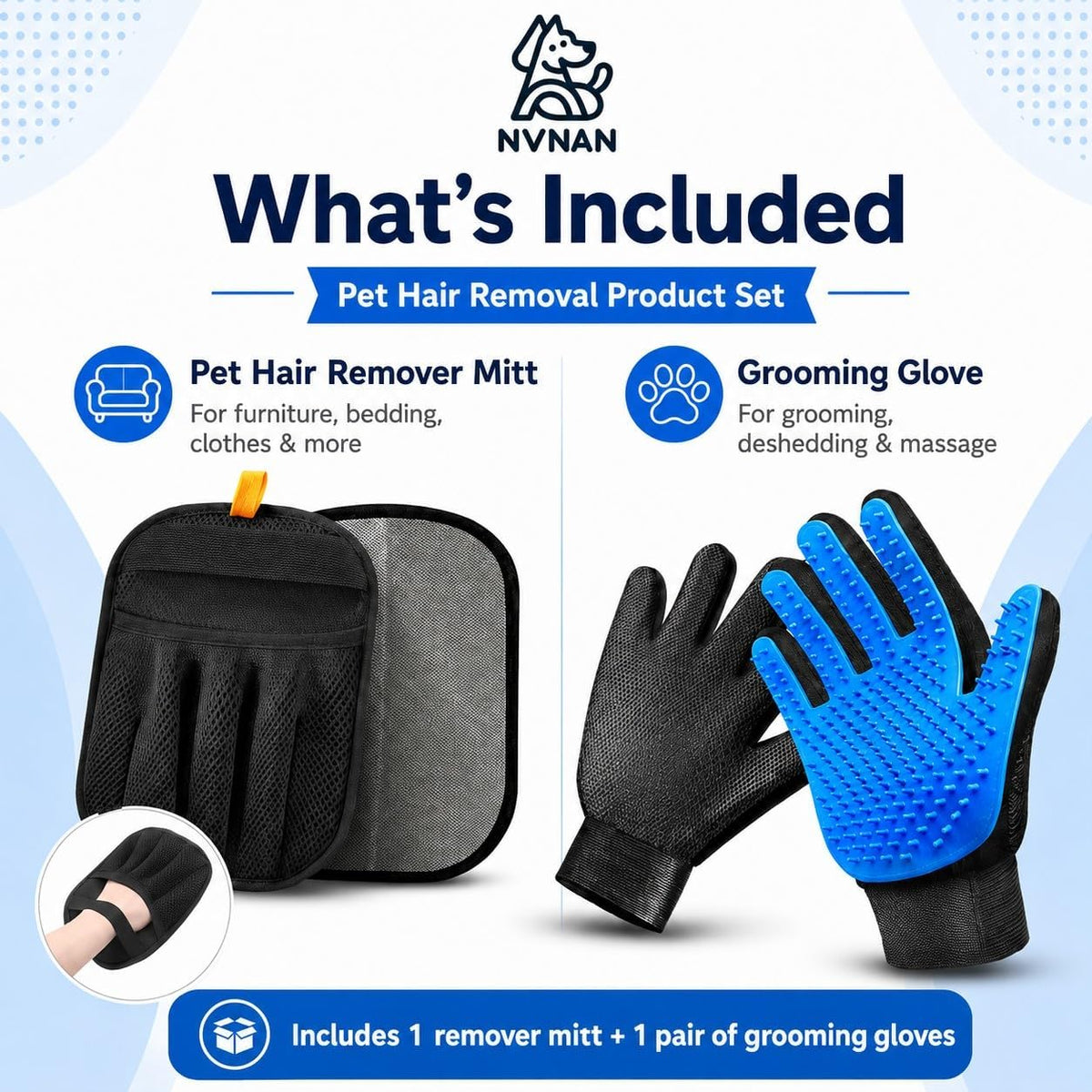 NVNAN Pet Hair Removal Glove for Dogs & Cats - Big Fabric Pet Hair Gloves+Pet Grooming Brush - image 2