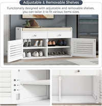Shoe Storage Bench with 2 Drawers & 2 Doors, Entryway Bench with Cushion, 2 Adjustable Shelves, Shoe Cabinet for Entryway, Living Room, Hallway, Mudroom, Bedroom, White