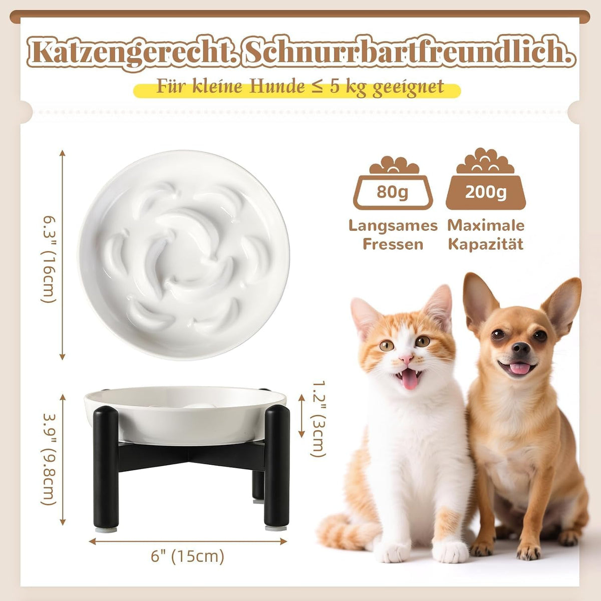 Melamine Slow Feeder Cat Bowls, Dishwasher Safe - White + Metal Stand / 9"H - image 2