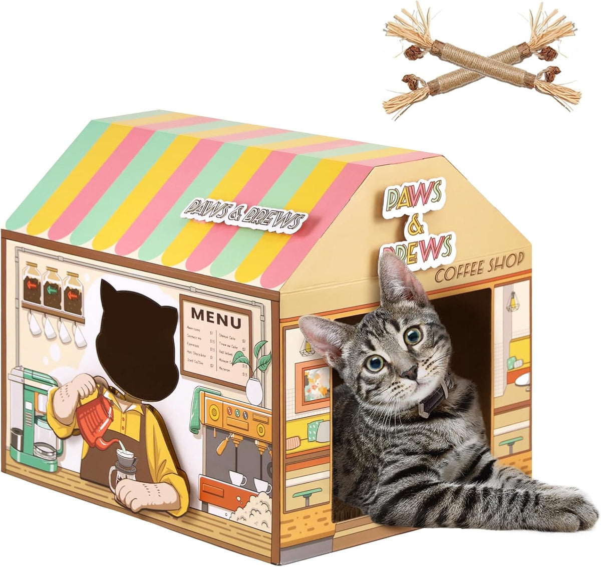 SEKAM Cardboard Cat House with Scratcher/Catnip - Coffee shop