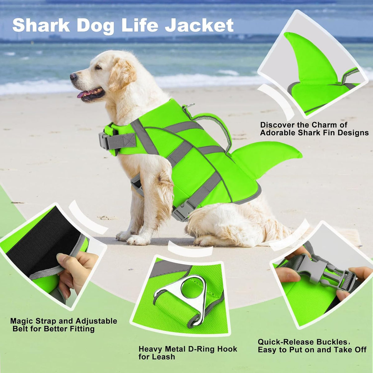Doglay Dog Life Vest, Ripstop Shark Life Jacket - X-small / Fluorescent Green - image 4