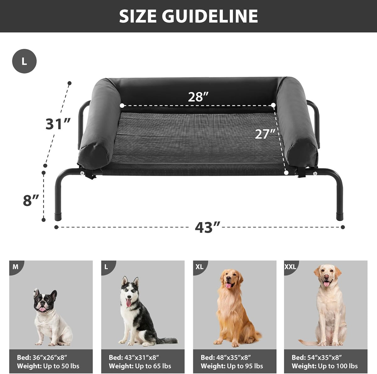 RRPETHOME Elevated Cooling Dog Cot 43x31" - Black / 43.0"L x 31.0"W x 8.0"Th - image 2
