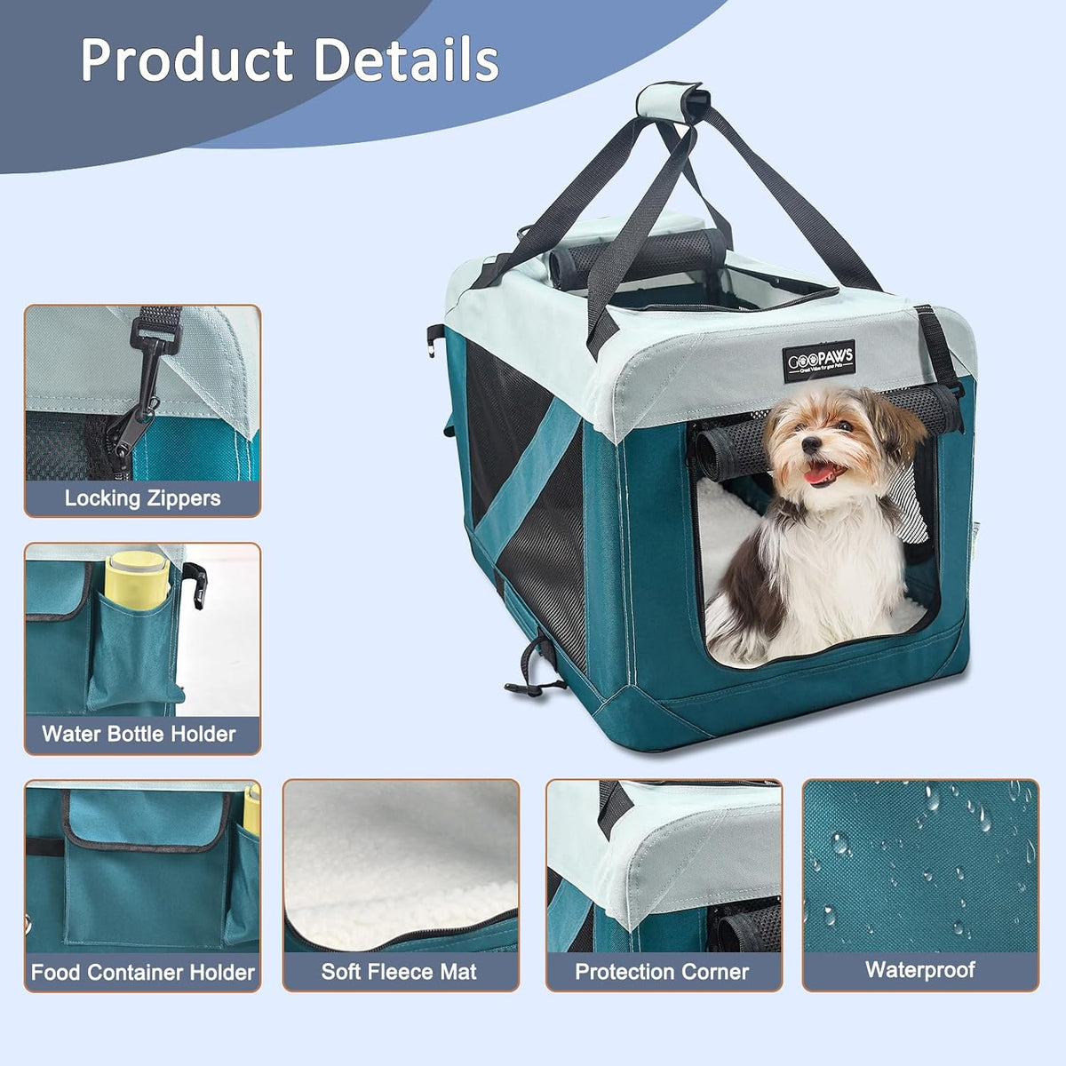 JESPET 3 Door Soft Dog Crates Kennel - 8-Teal Blue / Small(24"L x 16.5"W x 16.5"H) - image 4