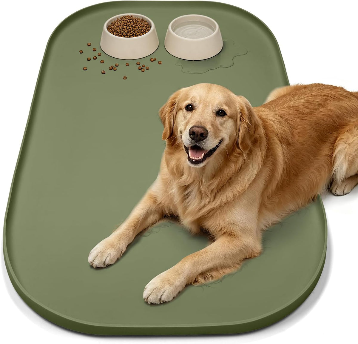 SMILOOL Waterproof Silicone Pet Food Mat with Raised Edge for Dog - Light Olive Green / 36"L x 24"W