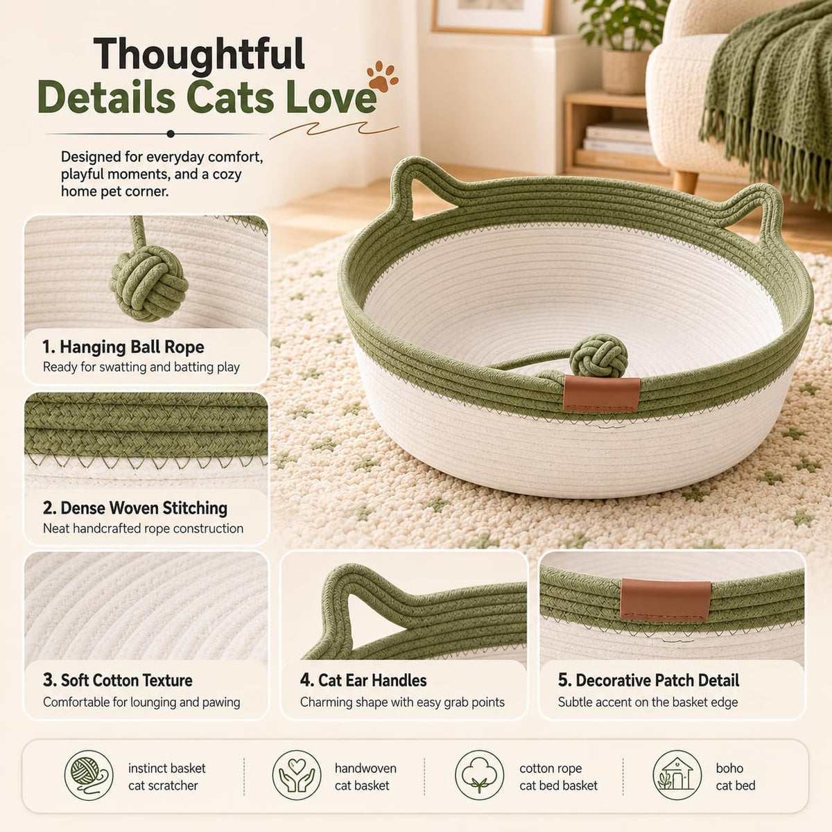 cingcinq handwoven cotton rope instinct basket bed for cats with teaser tail - view 4