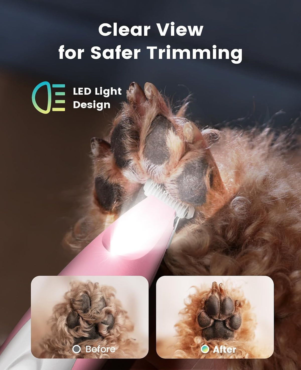 oneisall Low-Noise Dog Paw Trimmer with LED Light – Essentials for Dogs - Pink - image 3