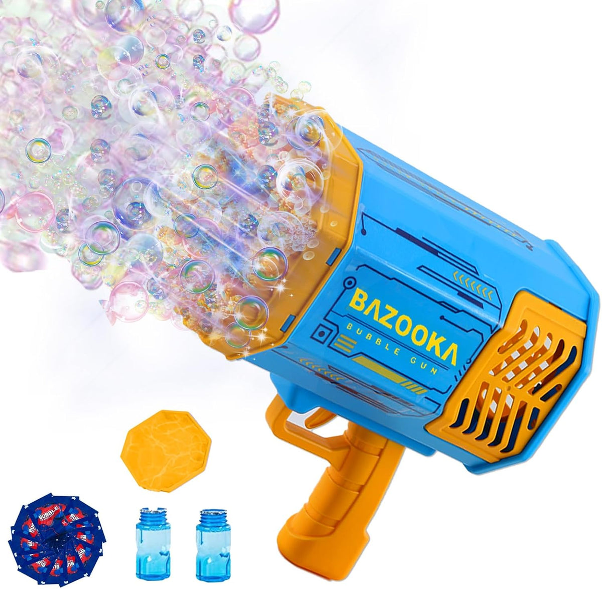 Petrella blue bubble gun bazooka with 69 bubble holes and colorful lights