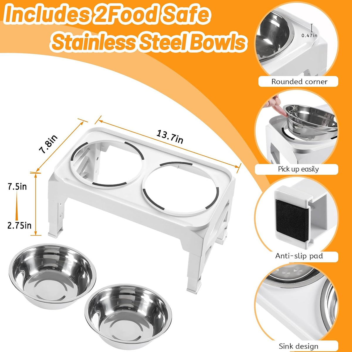 Hubulk Elevated Dog Bowls with 2 Stainless Steel Dog Food & Water - S (6" for Small Dogs) / White - image 4