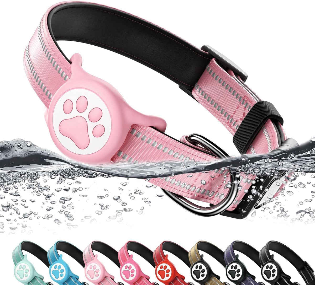 Premium Airtag Dog Collar，with IP68 Waterproof AirTag Holder, S - Pink / XS（8“~12”)