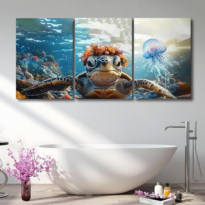 Wivsev Sea Turtle Canvas Wall Art,Under Sea Wall Art,Sea Life Pictures Wall Decor,Ocean Animal Painting for Bathroom,Living Room,Bedroom (16" x 24" x 3 pcs)