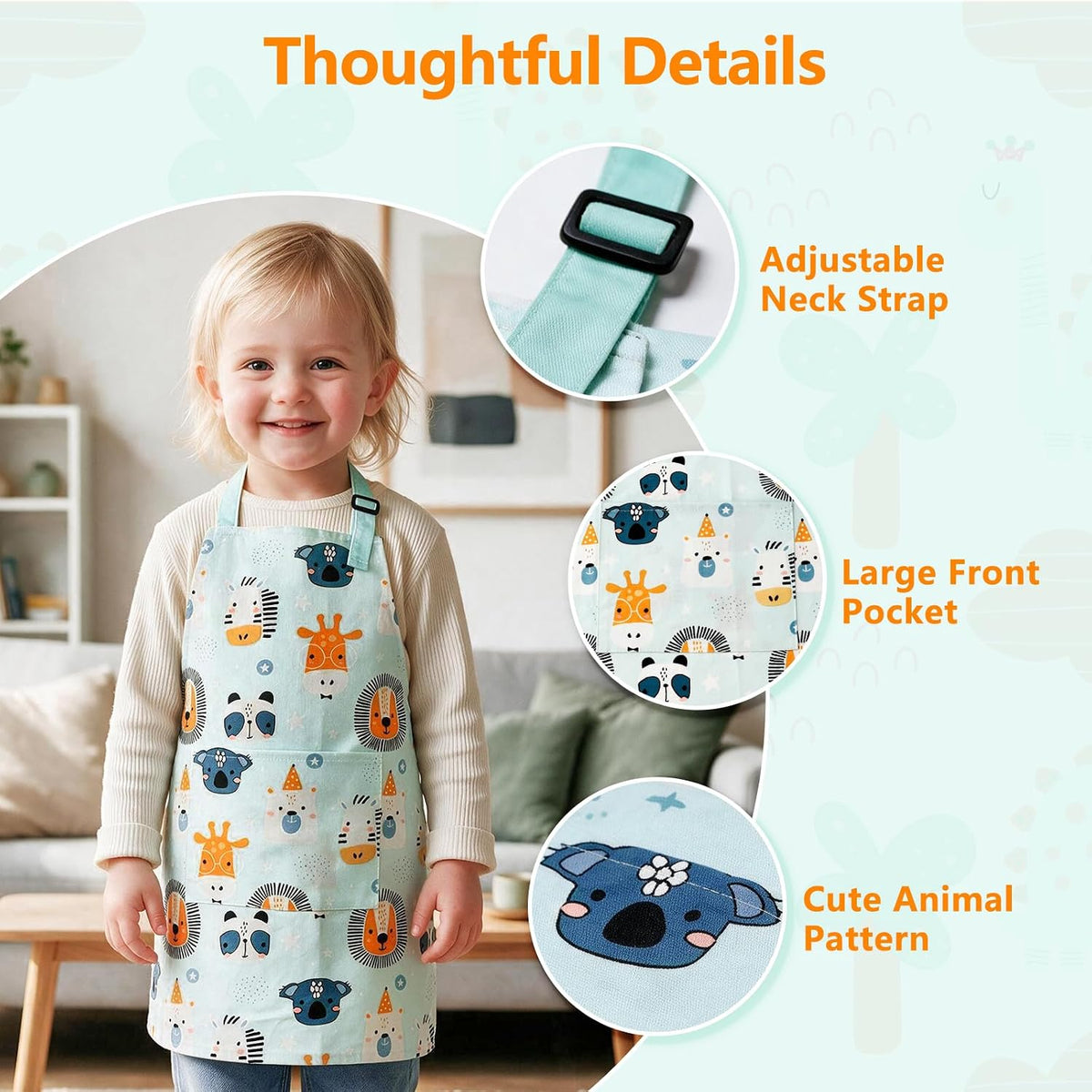 Kids Apron for Boys and Girls Aged 3-6 100% Cotton Blue WQHM – Fun for Kids & Family - Green 1-pack Apron - image 3