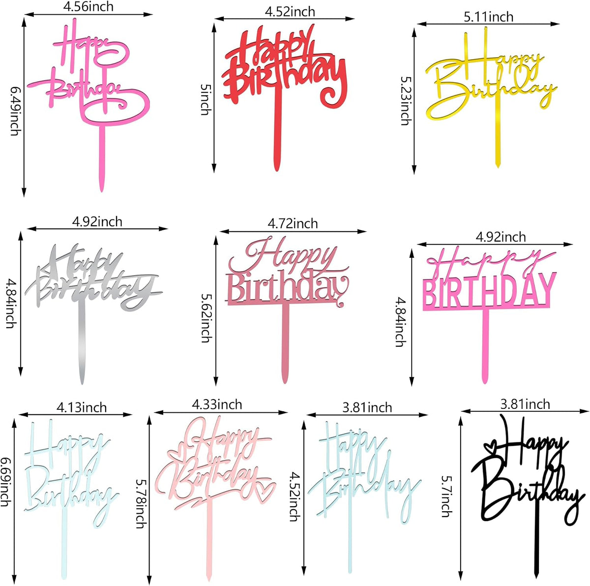 10 PCS Black Happy Birthday Cake Topper Acrylic Cupcake Topper - Colors - image 2