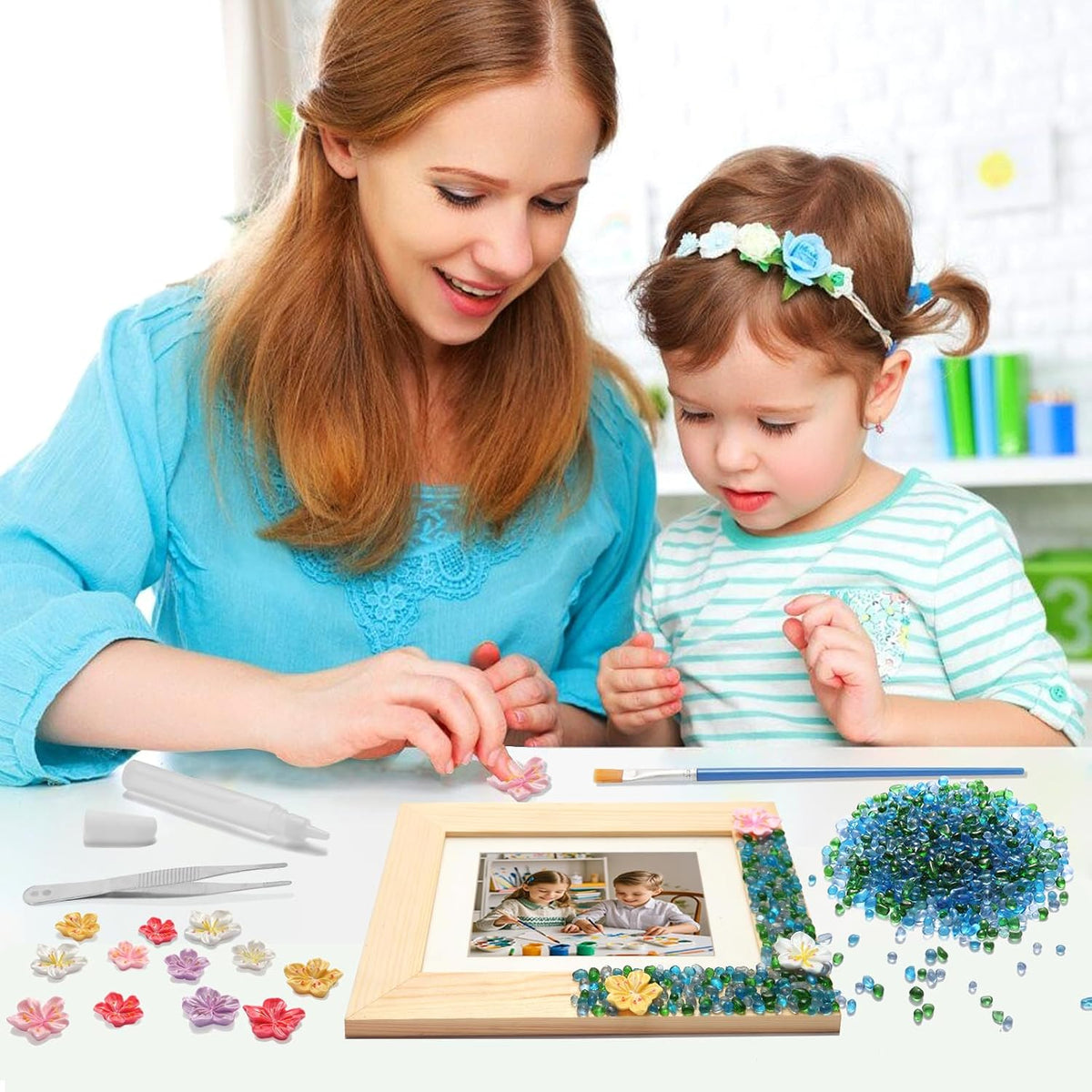 LEJITEKK mosaic picture frame craft kit with pink glass stones and wooden frame - view 6