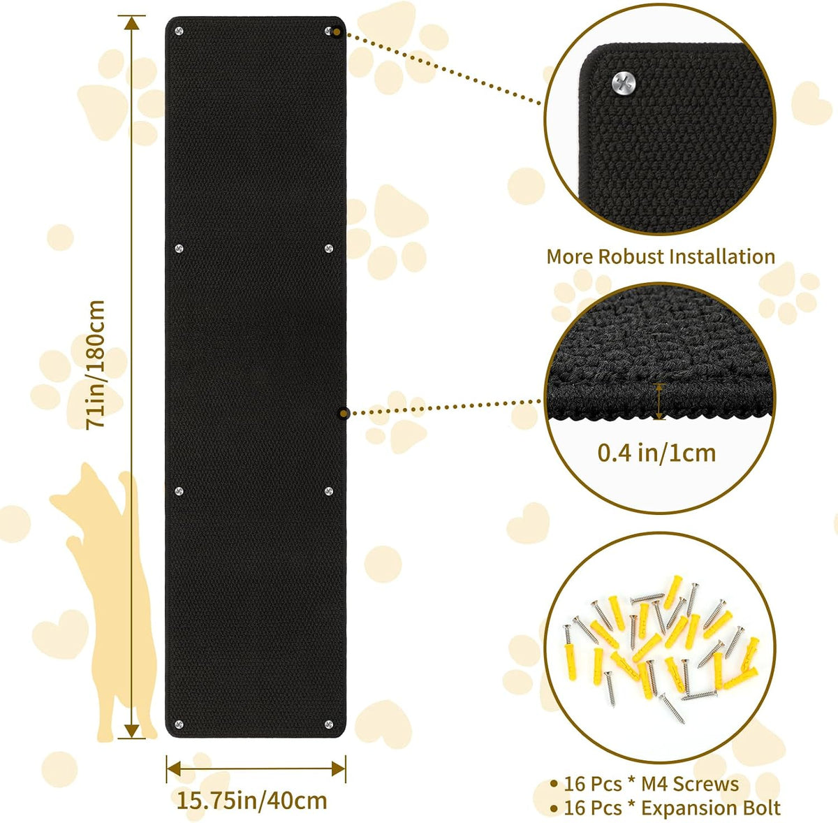 FHTONGE 71x15.8" Thickened Cat Wall Climbing Carpet with 16 Fixed - Pure Black / 71x15.8"(180x40cm) - image 2