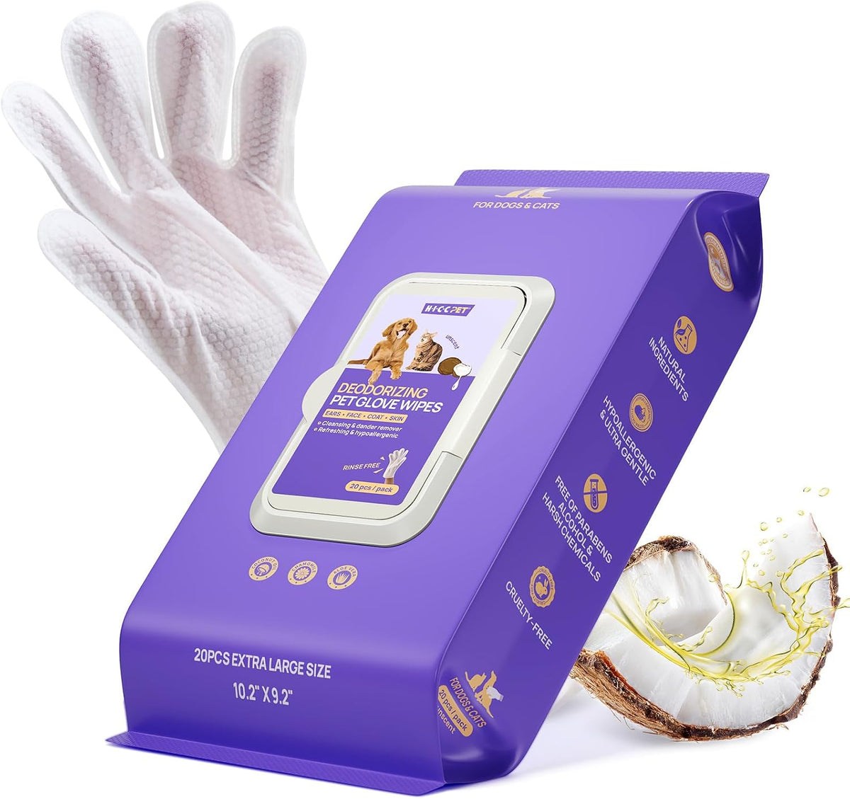 HICC PET Dog Wipes for Dogs & Cats, Glove Design - Unscented / 20 PCS