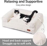 FUKUMARU Dog Couch Bed, Corduroy Cozy Cat Bed for Indoor Cats with Washable Cover, Supportive Waterproof Dog Beds Sofa for Small Dogs and Large Cats Cute, 28inch, Medium, Cream