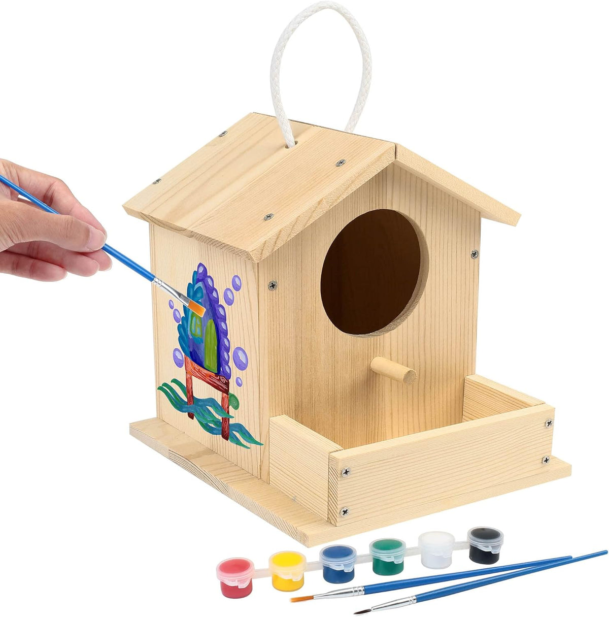LotFancy DIY wooden birdhouse kit with pine pieces, paints and brushes - view 2