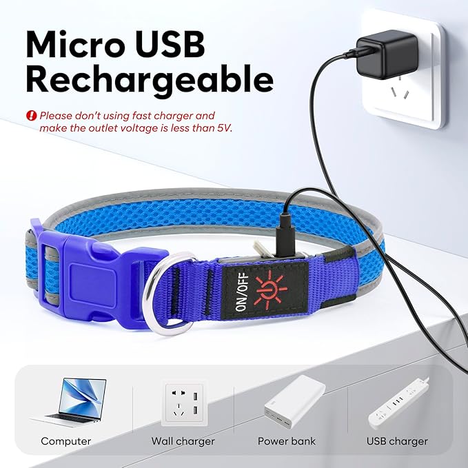 LED Dog Collar, Light Up Dog Collar USB Rechargeable, Brightest Dog Lights for Night Walking, Adjustable Dog Collar Light for Dog Safety(Small, Royal Blue)