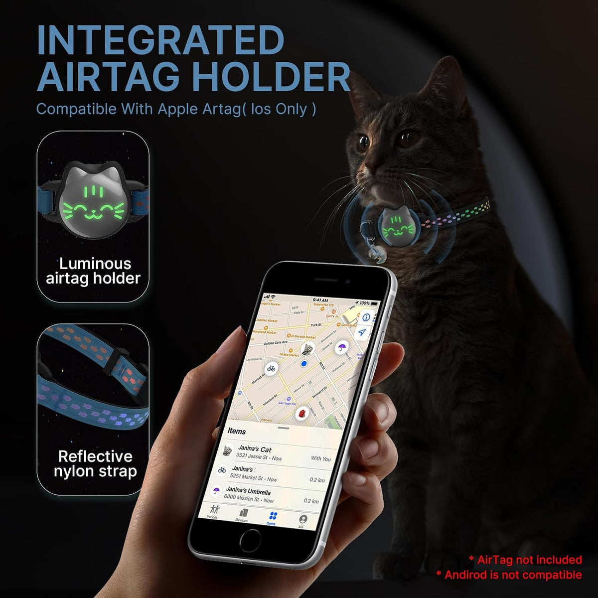 AirTag Cat Collar, Reflective Breakaway Collar - Cyan Blue / Small(9-13inch) - image 4