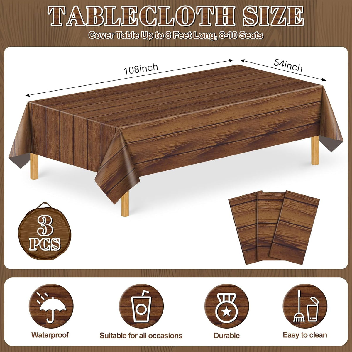 NatNarr 3 Pack Wood Grain Plastic Tablecloths - Wood Grain - image 2