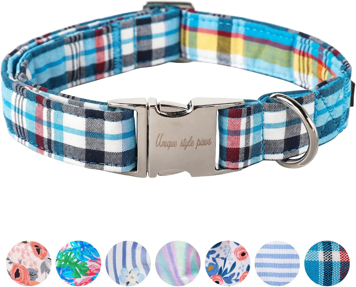 Dog Collar With Metal Buckle, Red Rose Flower Gift for Small - blue plaid / M