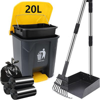Dog Pooper Scooper, 20L Large Dog Poop Trash Can Outside with Removable Inner Bucket, Poop Trash Can for dog Outdoors with 90 Waste Bags, 37inch Long Handle Stainless Metal Tray & Rake