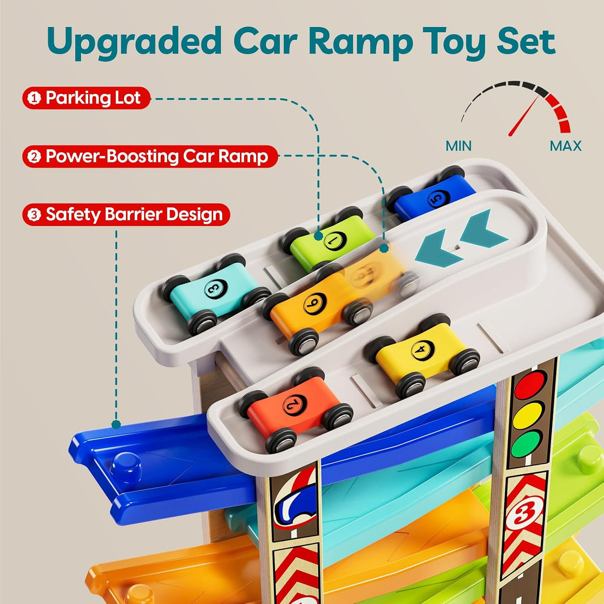 TOP BRIGHT wooden toddler car ramp race track with rooftop parking lot and 4 colorful cars - view 20