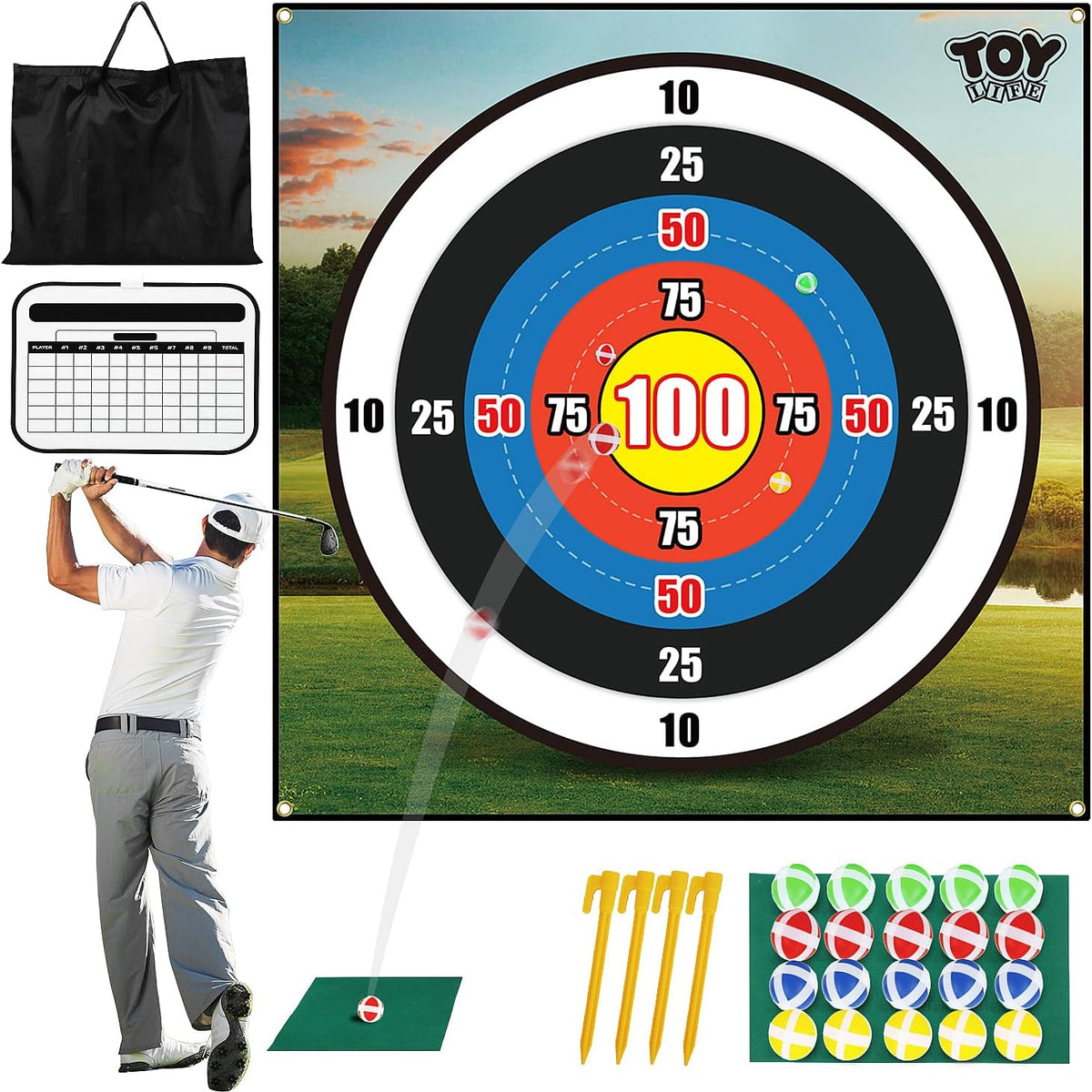 TOY Life Golf Chipping Mat Game, 20 Sticky Balls, Family Play – Fun for Kids & Family - Dart Board Style