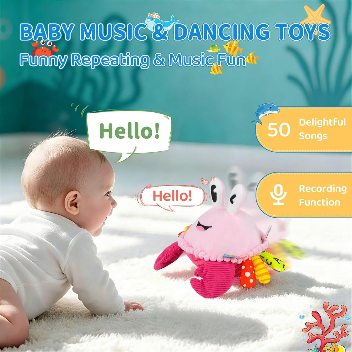 Musical Crawling Crab Baby Toy - Pink - image 4