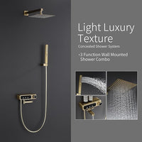 10" Square Rainfall Bathtub and Shower Trim Systems with Rotating Handheld Sprayer, Foldable Tub Spout, Wall-Mounted, Solid Brass Valve with Shampoo Platform- Brushed Gold (Square, Brushed Gold)