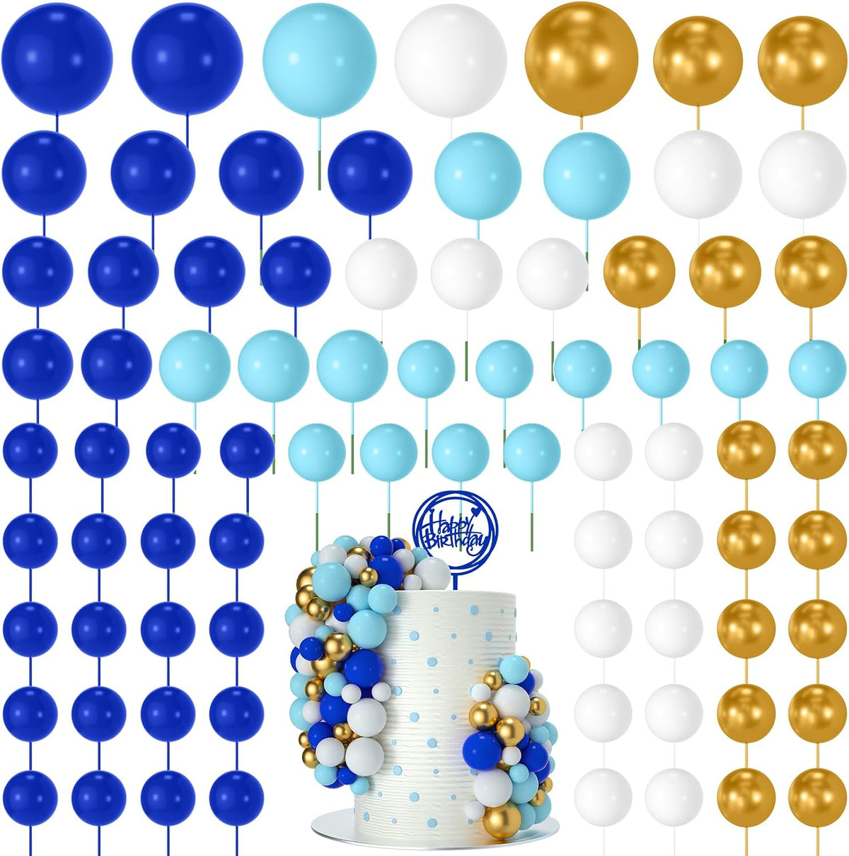NACHLYNN 80 Pcs Cake Balls Decorations Mini Balloon Cake Topper Balls - Blue White Gold Series