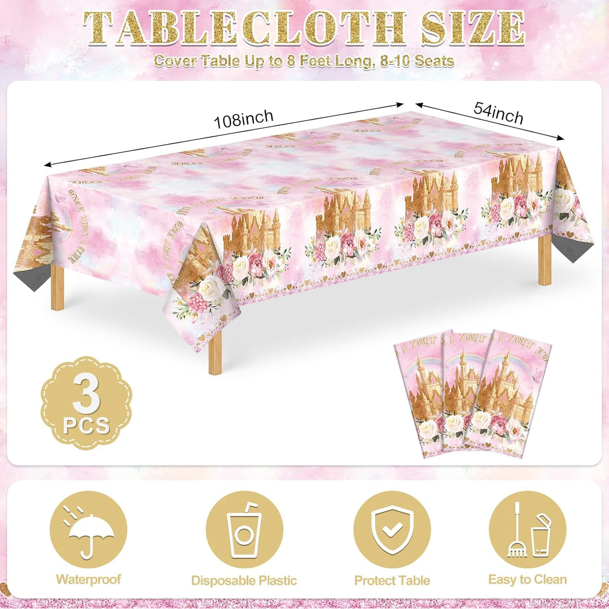 3 Pack Plastic Birthday Tablecloth - Rose Castle - image 2