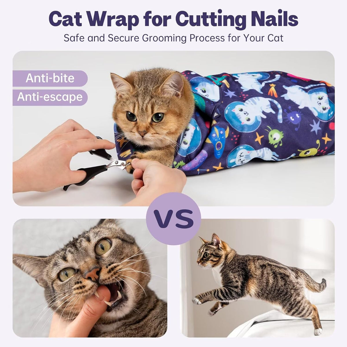 Paw Legend 27.6" Cat Wrap for Grooming Cat Wrap for Cutting Nails Cat - M(21.7'x21.7") / Space Cat Pattern - image 3