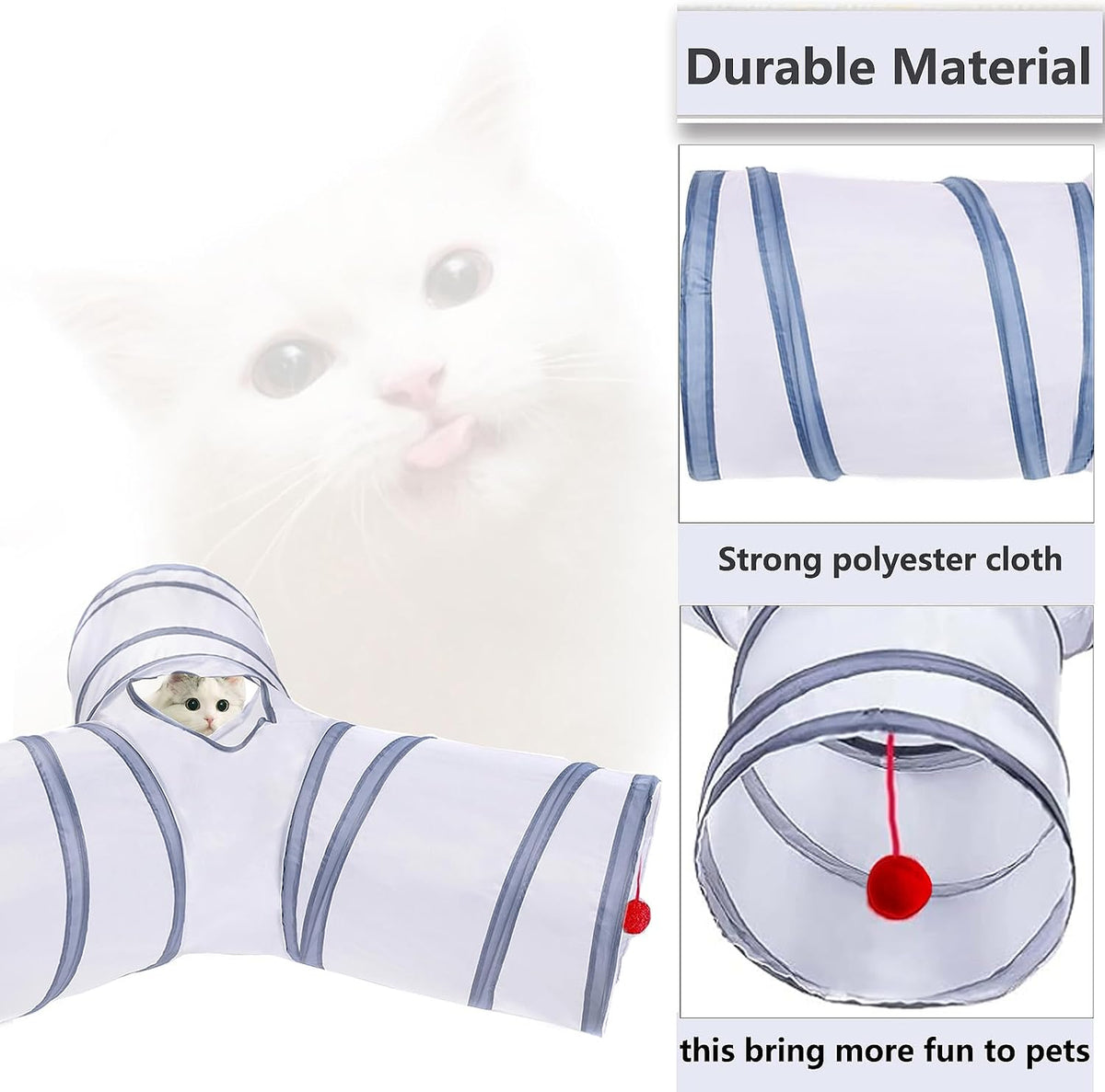 Cat Tunnel Tube Toys, 3 Ways Tunnels for Indoor Cats with Play Ball – Essentials for Cats - 3 Way White Gray - image 4