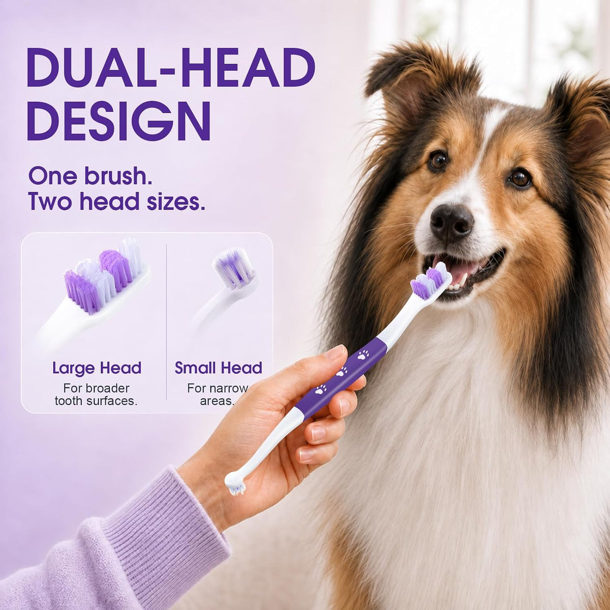 Purple dual-head dog toothbrush with S-shaped handle for medium and large dogs - view 2