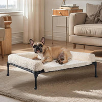 Veehoo Cooling Elevated Dog Bed Add Removable Deluxe Rose Plush Bolster Cushion Mat, 35" x 22" Washable Dog Couch Bed, Raised Pet Cot with Breathable Teslin Mesh, No-Slip Feet, White, CWC2439B