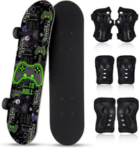 Honoson kids skateboard set with dinosaur print maple deck and black knee pads, elbow pads and wrist - view 3