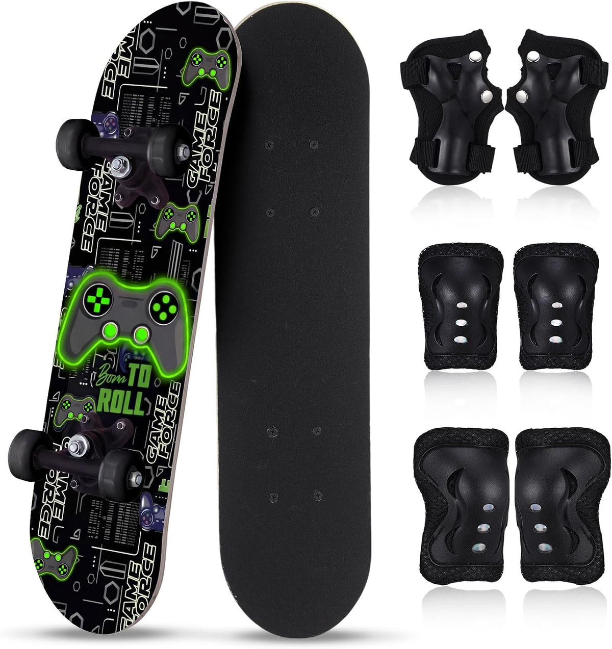 Honoson kids skateboard set with dinosaur print maple deck and black knee pads, elbow pads and wrist - view 3