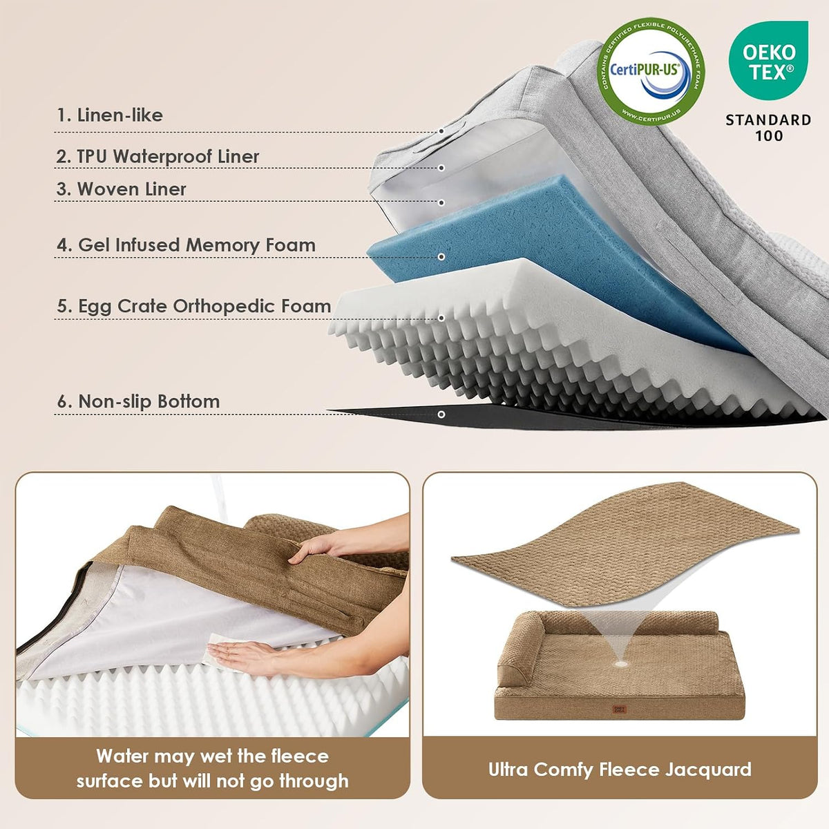 EHEYCIGA Orthopedic Dog Bed Medium Size, Memory Foam Dog Bed - Brown / 41.0"L x 27.0"W x 6.5"Th - image 3