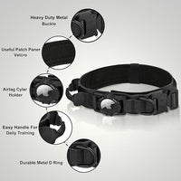Tactical AirTag Dog Collar Leash Set - Heavy Duty, Adjustable GPS Collar Compatible with Apple AirTag, with Holder & Control Handle for Medium/Large Dogs [ Black, L ]