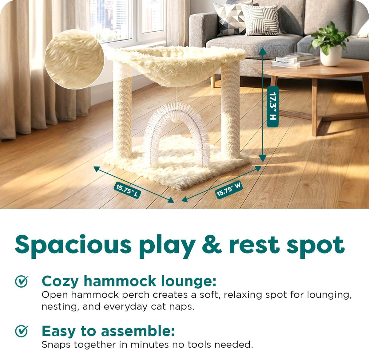 FurHaven 69.3" Tall Cat Scratching Post Tower for Indoor Cats - Cat Tower / Plush Hammock Playground (Cream) - image 3