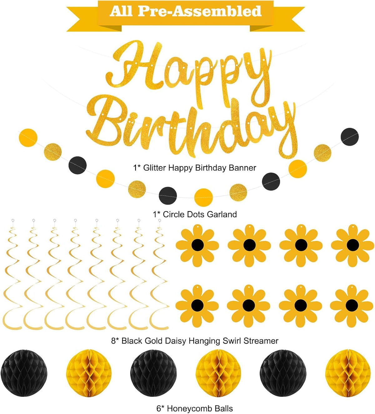 YEOCU Birthday Decorations - Black&Gold / Flower - image 2