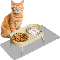 Elevated Cat Bowl, Raised Cat Food and Water Bowl Set for Indoor Cats, Splash Proof with 2 - Cat Bowls with mat - yellow
