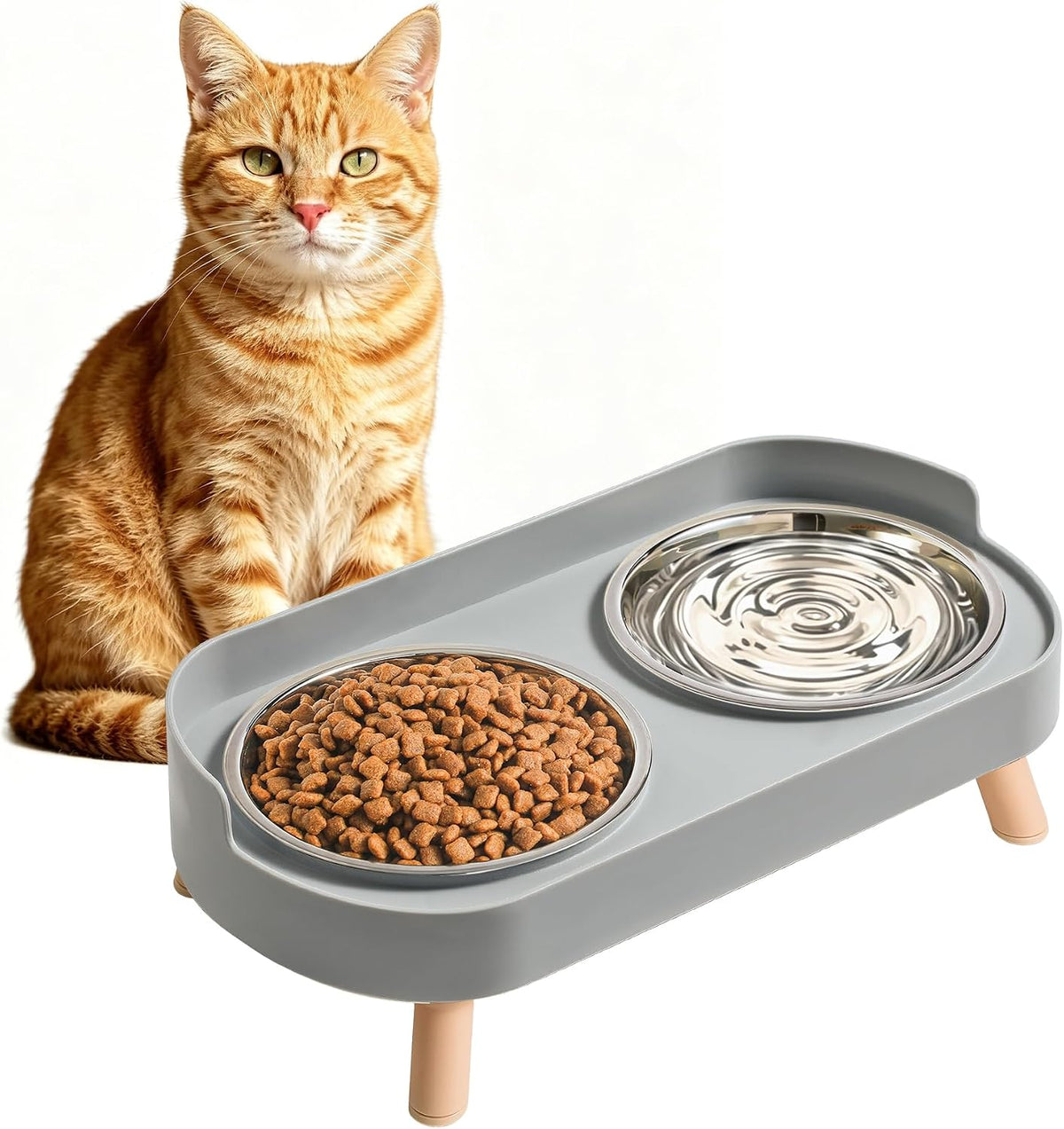 Elevated Cat Bowls Set - Raised Cat Food and Water Bowl Set with Non Slip Stand - Pet Feeding - Grey